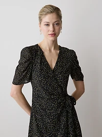 Short-Sleeve Chiffon Midi Dress with Lace Trim
