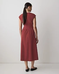 Extended-Sleeve Crew-Neck Midi Dress with Pintucks