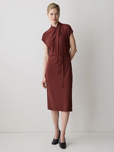 Extended-Sleeve High-Neck Fitted Dress