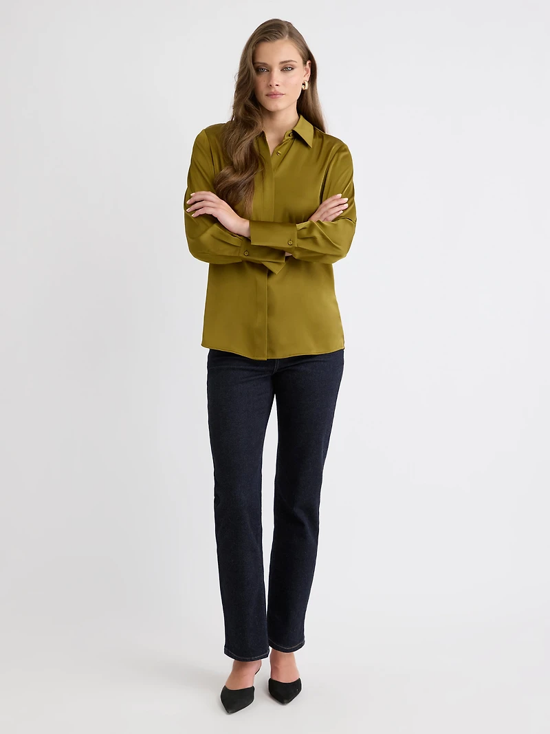 Satin Long-Sleeve Buttoned-Down Blouse