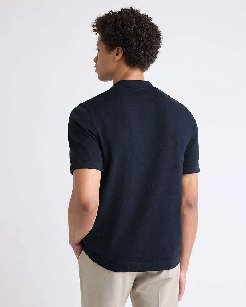 Short-Sleeve Buttoned-Down Textured Sweater with Shirt Collar