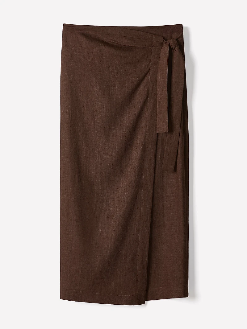 Linen-Blend Straight Midi Skirt with Wrap Front