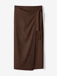 Linen-Blend Straight Midi Skirt with Wrap Front