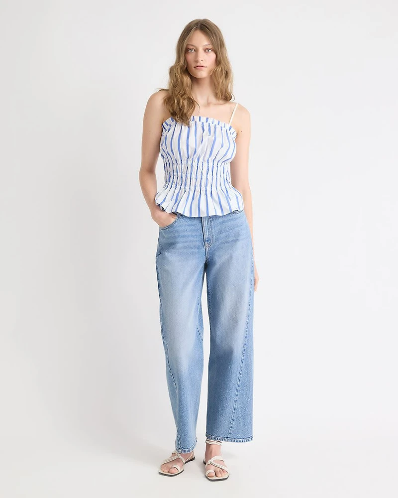 Striped Sleeveless Square-Neck Smocked Poplin Blouse