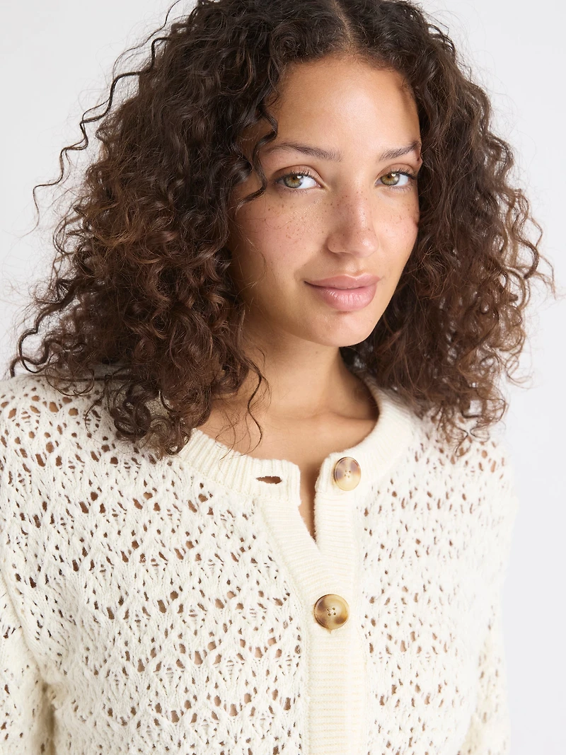 Long-Sleeve Short Cardigan with Fancy Stitches