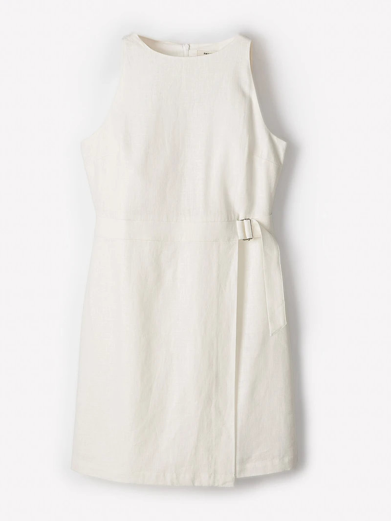 Robe Courte Sans Manches à Col Bateau en Mélange de Lin