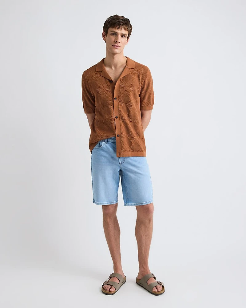 Short-Sleeve Buttoned-Down Argyle Sweater with Camp Collar