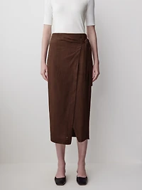 Linen-Blend Straight Midi Skirt with Wrap Front