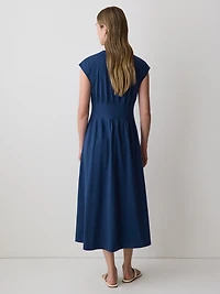 Robe Midi à Nervures Manches Courtes et Col Rond