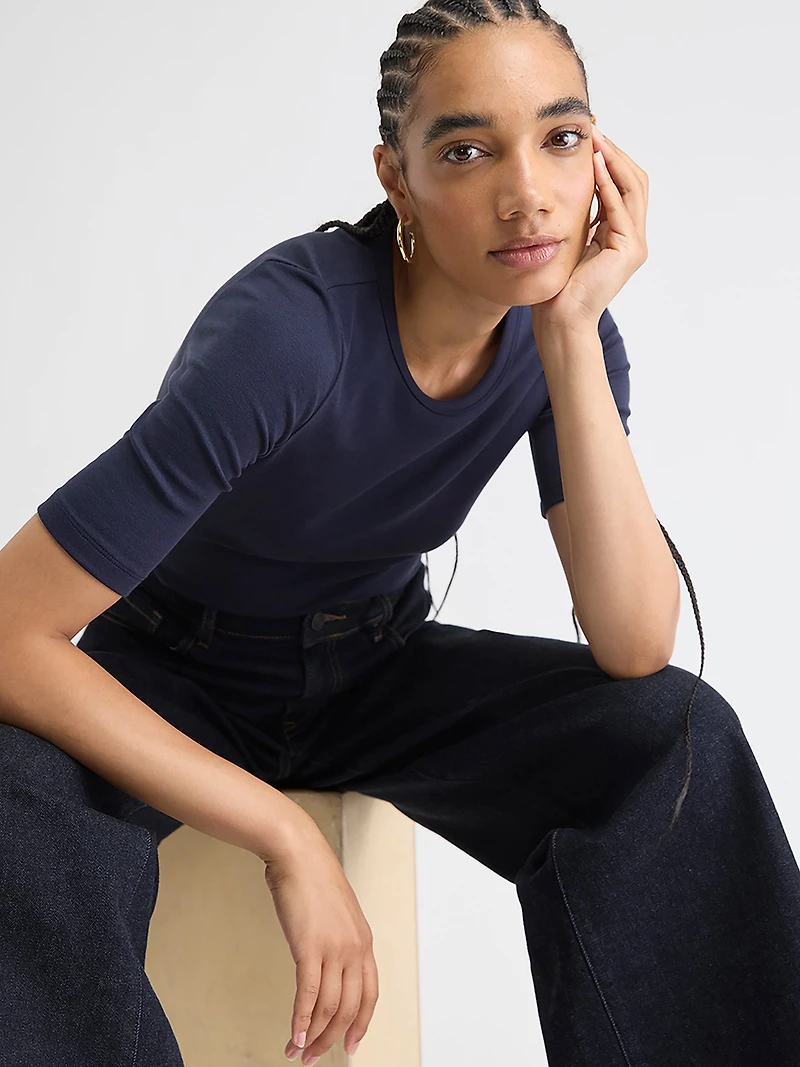 T-Shirt Ajusté à Manches aux Coudes et Col Rond