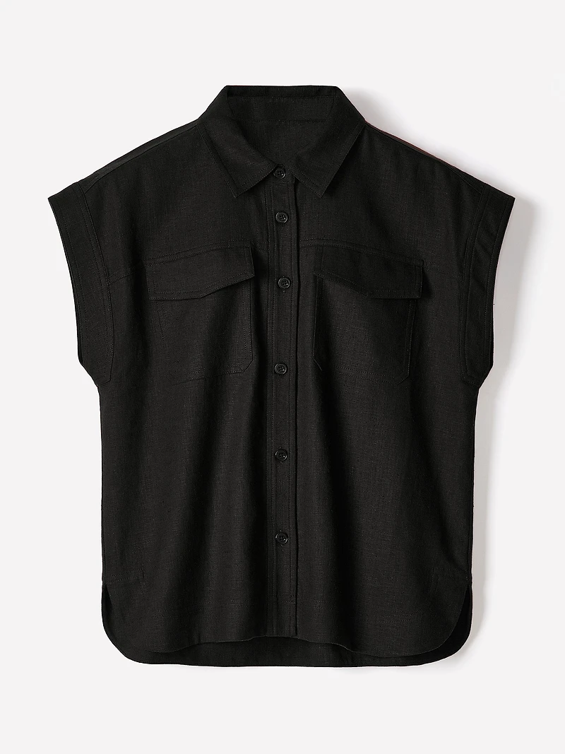 Linen-Blend Extended-Sleeve Blouse with Shirt Collar