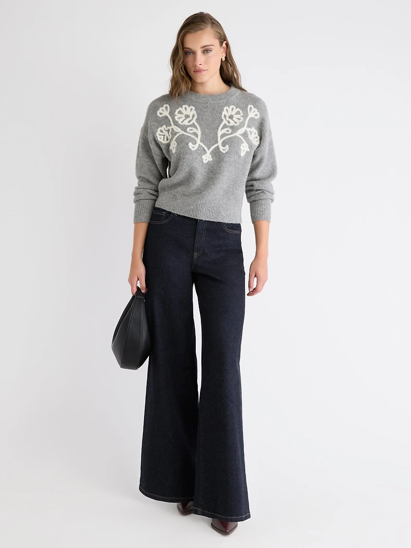 Pull à Manches Longues et Col Rond avec Fleurs