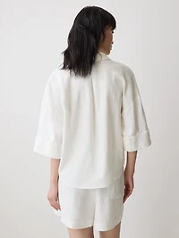 Blouse en Mélange de Lin à Manches Courtes et Col Chemisier