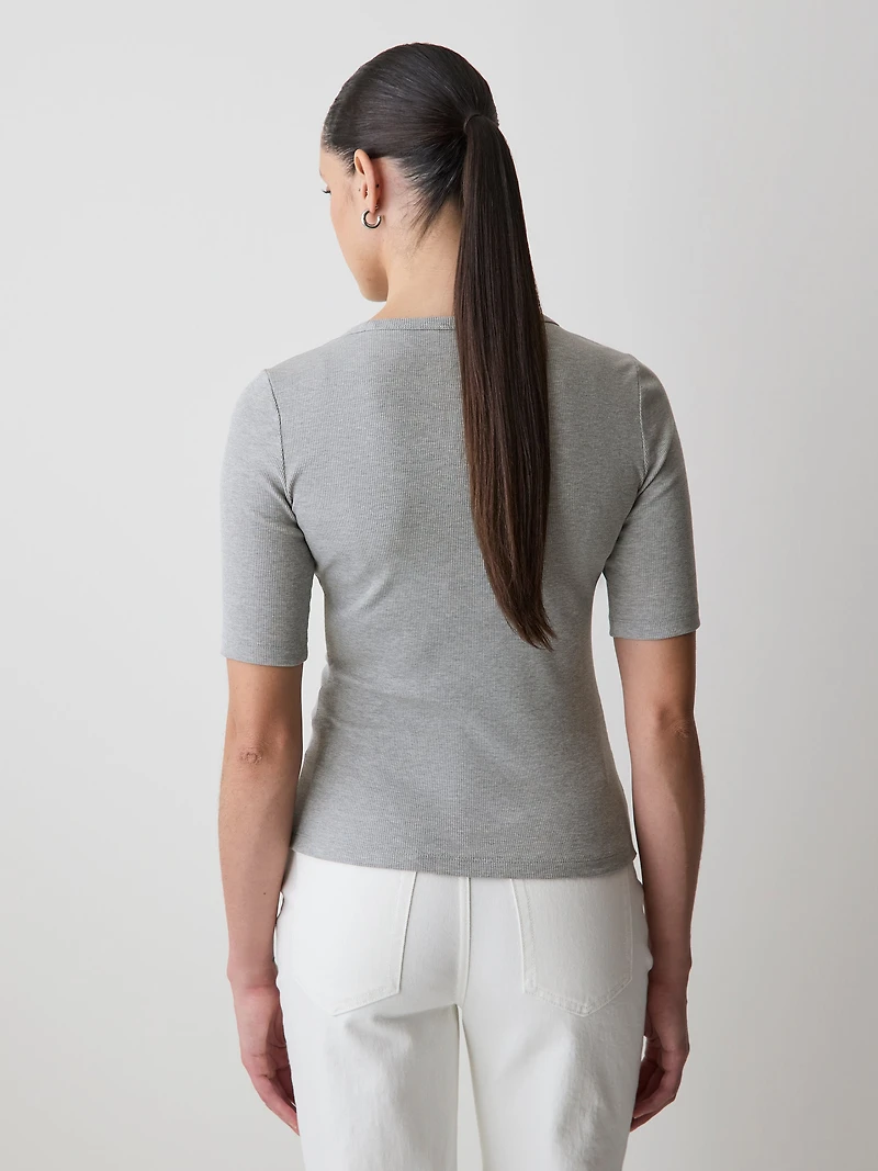 T-Shirt Côtelé à Manches aux Coudes et Col Rond