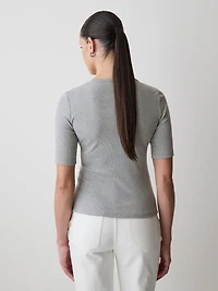 T-Shirt Côtelé à Manches aux Coudes et Col Rond