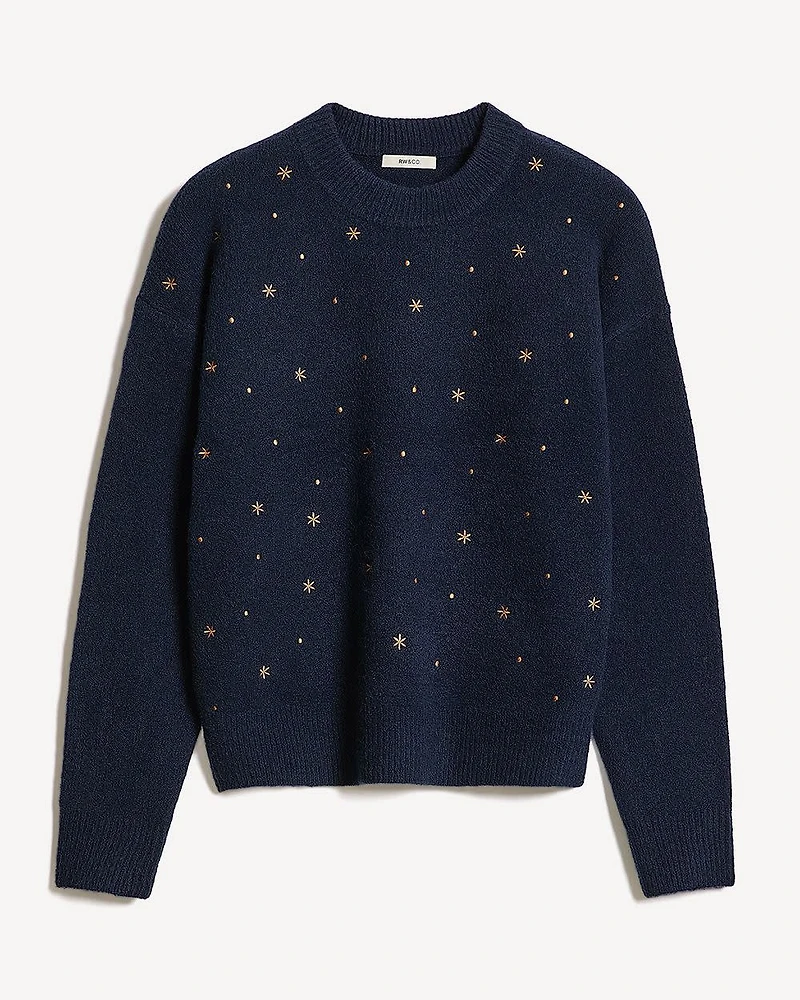 Long-Sleeve Crew-Neck Sweater with Embroidered Pattern