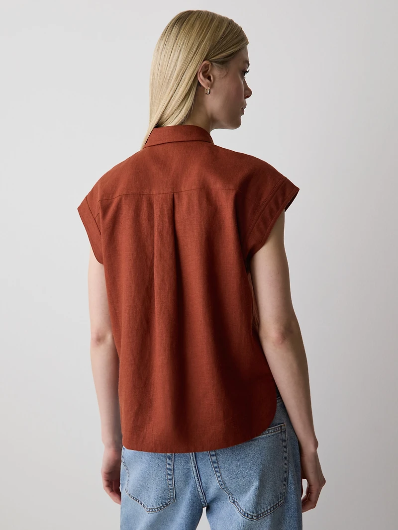 Linen-Blend Extended-Sleeve Blouse with Shirt Collar