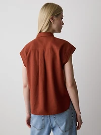 Linen-Blend Extended-Sleeve Blouse with Shirt Collar