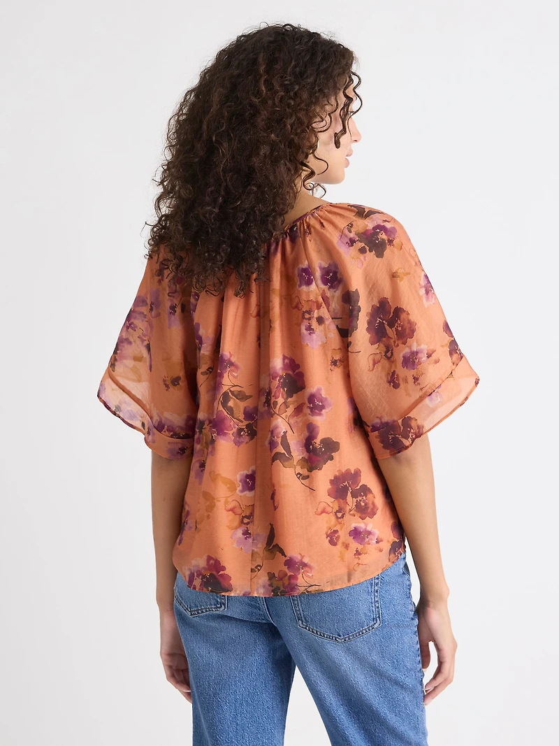 Blouse à Manches Courtes Volants et Col V