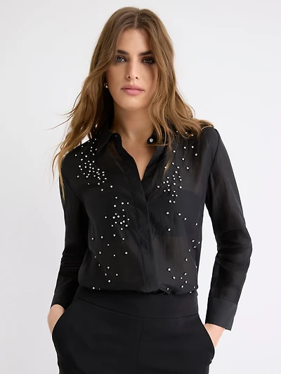 Blouse Boutonnée à Manches Longues avec Strass