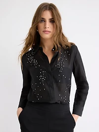 Blouse Boutonnée à Manches Longues avec Strass