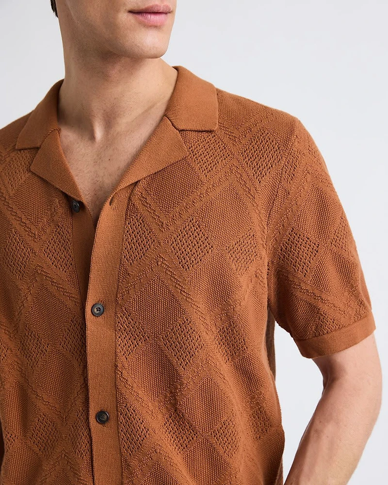 Short-Sleeve Buttoned-Down Argyle Sweater with Camp Collar