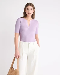 Split-Neck Elbow-Sleeve Ribbed Sweater