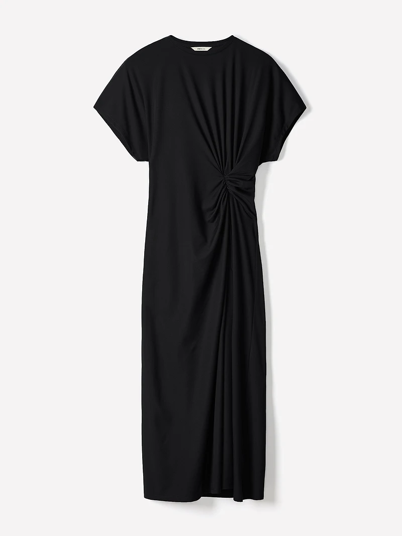 Short-Sleeve Crew-Neck Midi Dress with Draped Detail