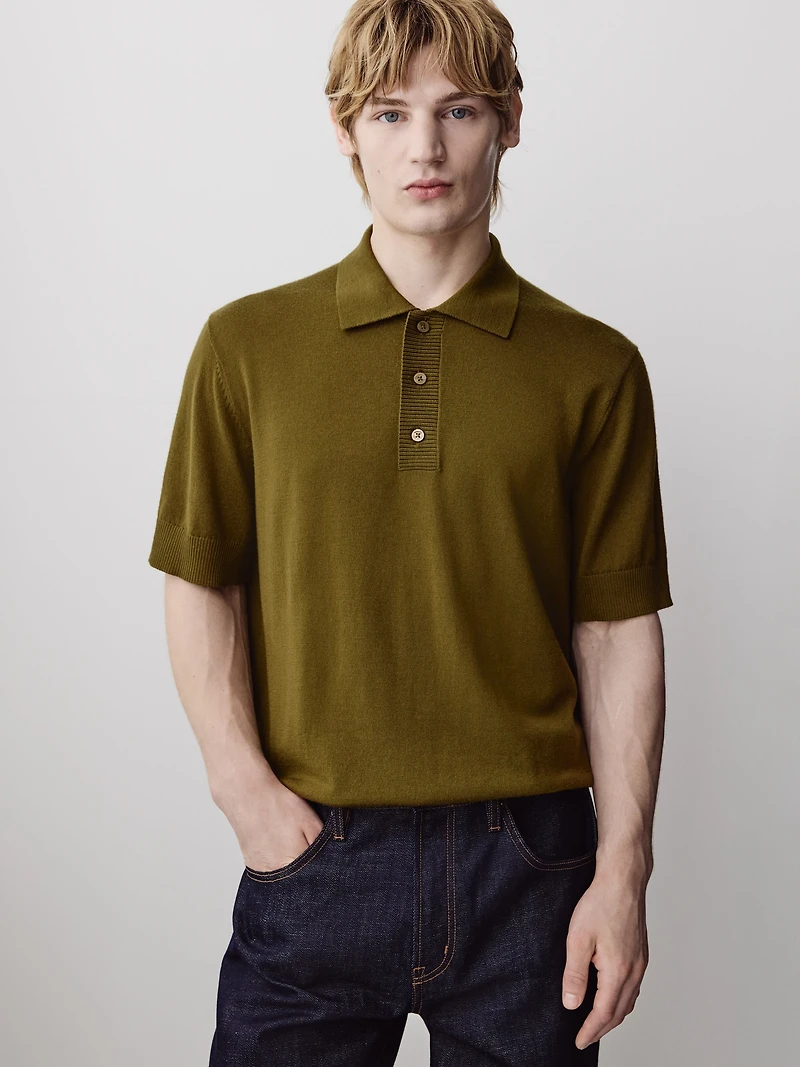 Merino-Wool Short-Sleeve Polo Sweater
