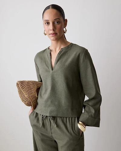Linen Long-Sleeve Popover Blouse