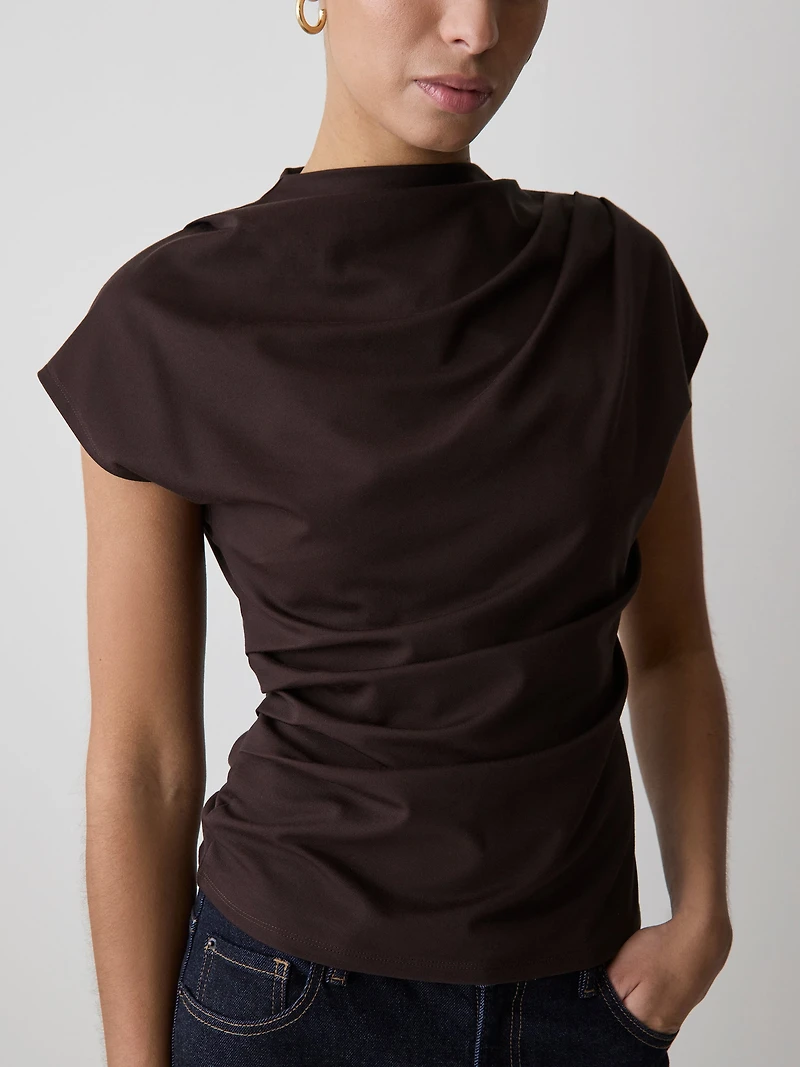 Extended-Sleeve Crew-Neck Draped Top