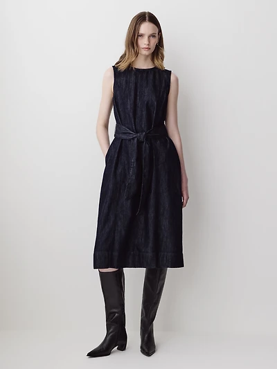 Sleeveless Belted Midi Denim Dress
