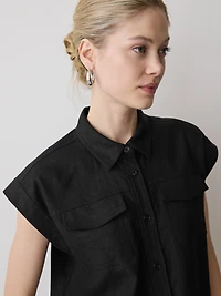 Linen-Blend Extended-Sleeve Blouse with Shirt Collar