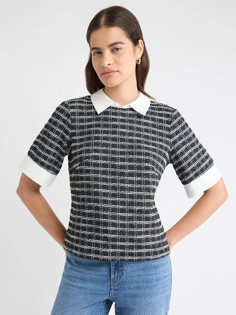 Haut en Tweed à Col Chemisier et Manches Courtes