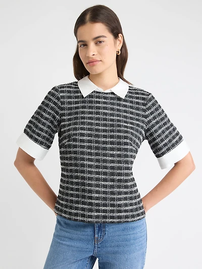 Haut en Tweed à Col Chemisier et Manches Courtes