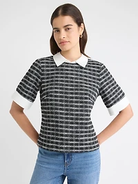 Haut en Tweed à Col Chemisier et Manches Courtes