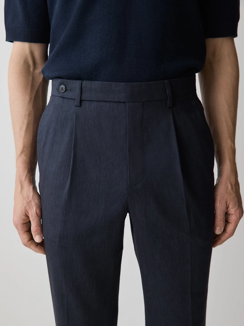 Linen-Blend Tapered-Leg Pleated Pant