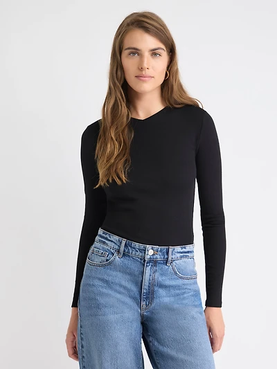 T-Shirt Côtelé à Manches Longues et Col V