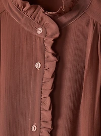 Robe Midi Boutonnée à Manches Longues et Col Montant