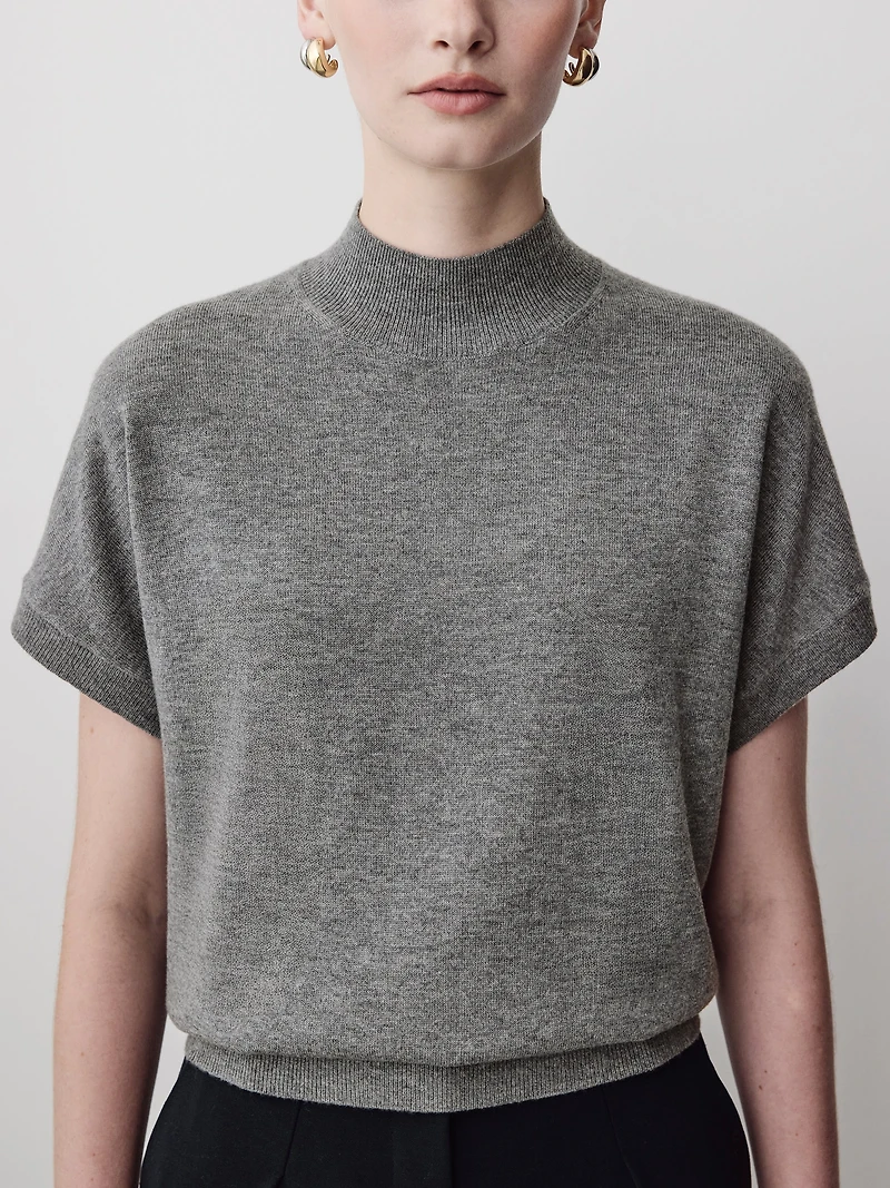 Short-Sleeve Mock-Neck Merino-Wool Sweater