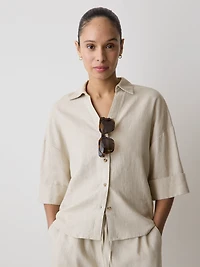 Blouse en Mélange de Lin à Manches Courtes et Col Chemisier