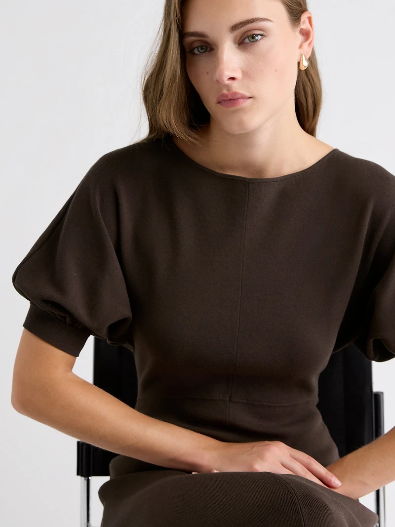 Elbow-Sleeve Boat-Neck Midi Sweater Dress