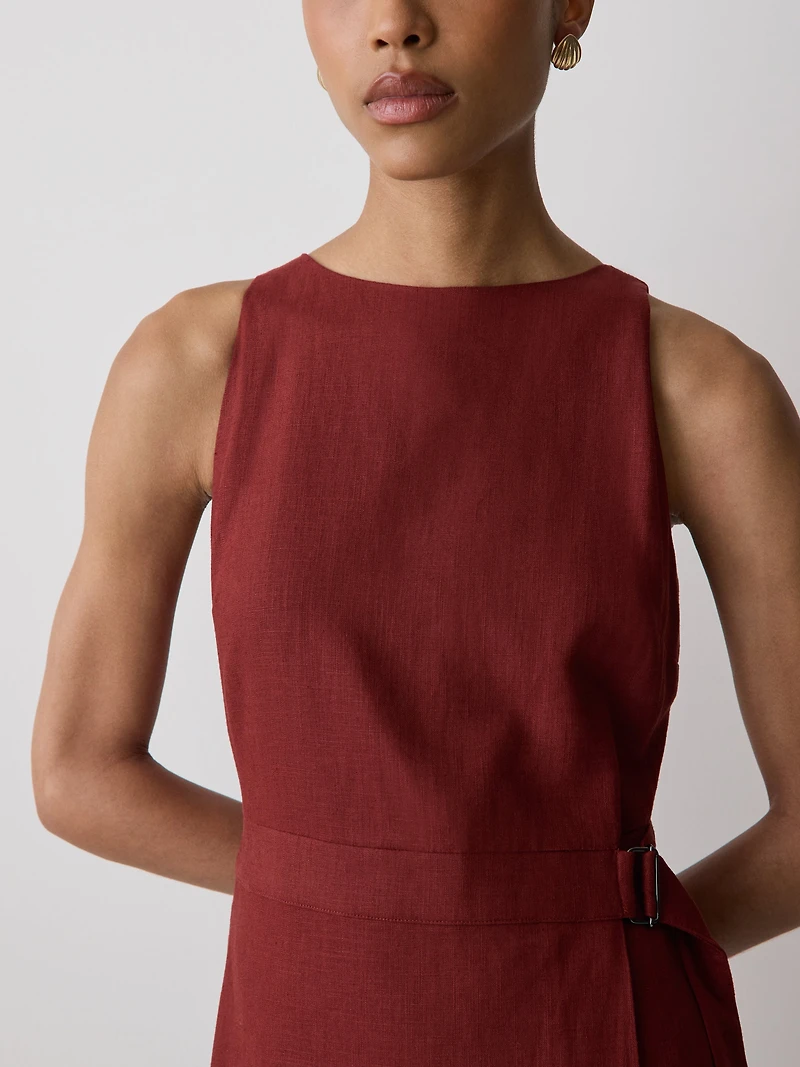 Robe Courte Sans Manches à Col Bateau en Mélange de Lin