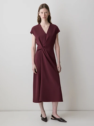 Extended-Sleeve V-Neck Twill Midi Dress