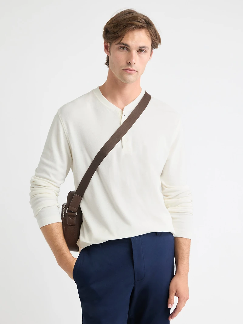 T-shirt Gaufré à Manches Longues et Col Henley