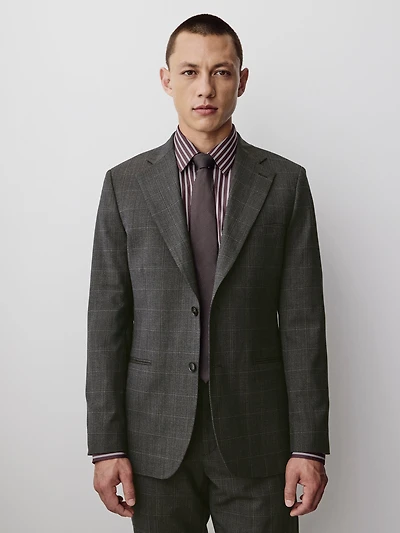 Slim-Fit Checkered Grey Wool Suit Blazer
