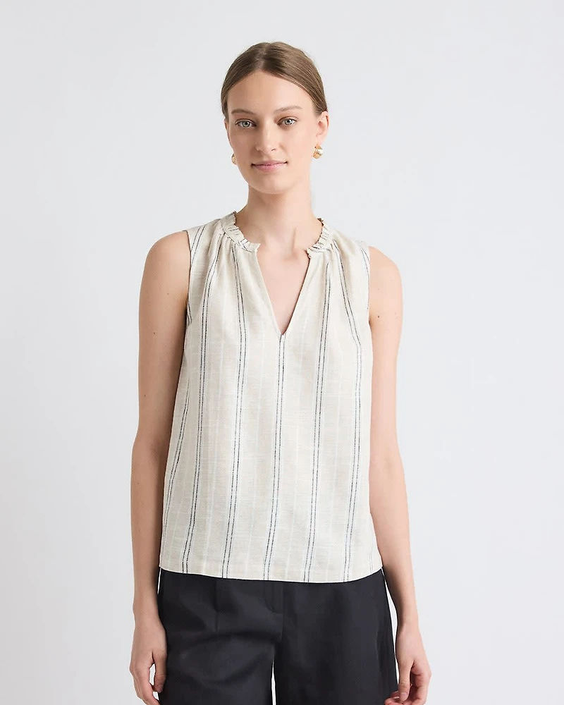 Striped Sleeveless V-Neck Linen-Blend Blouse