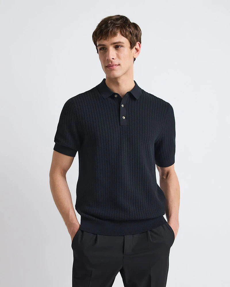 Short-Sleeve Textured Polo Sweater