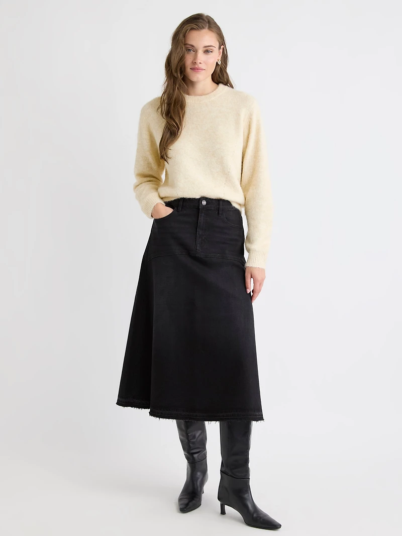 Pull à Manches Longues et Col Rond en Tricot Pelucheux