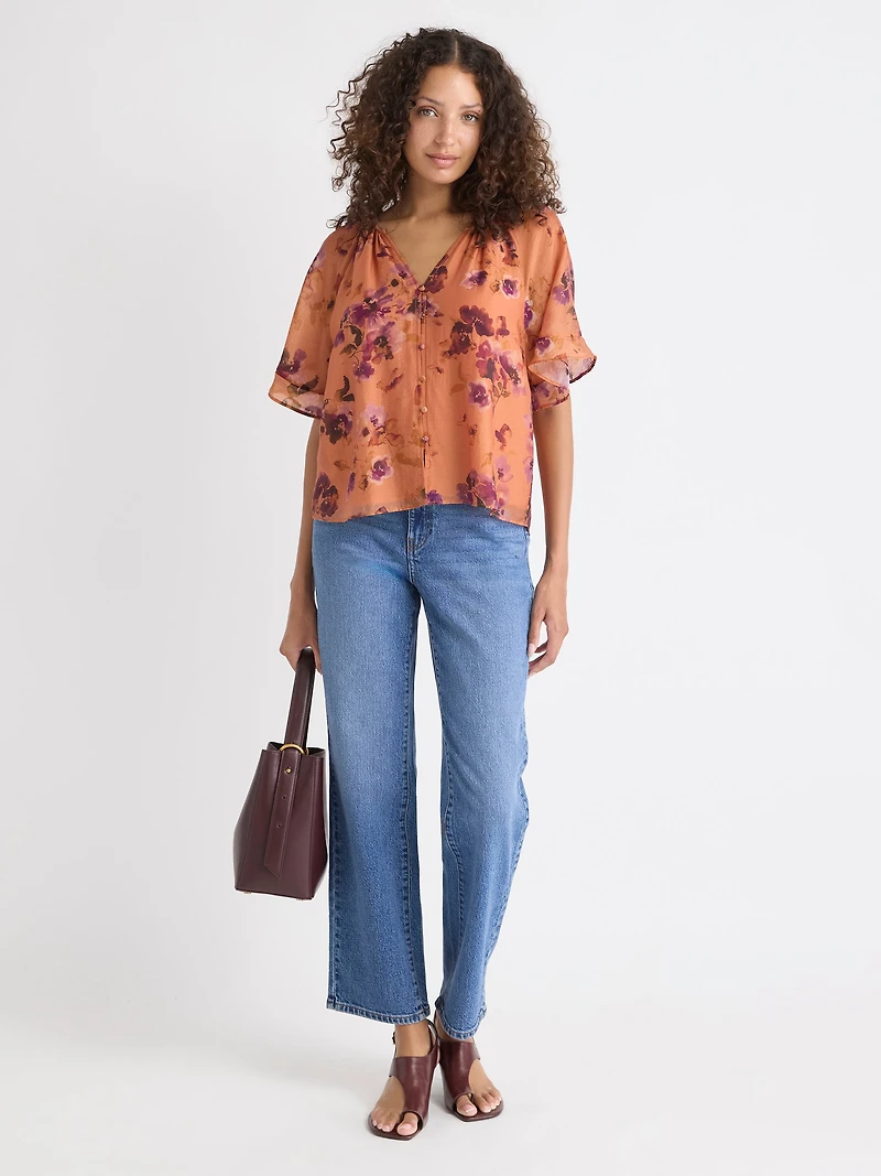 Blouse à Manches Courtes Volants et Col V